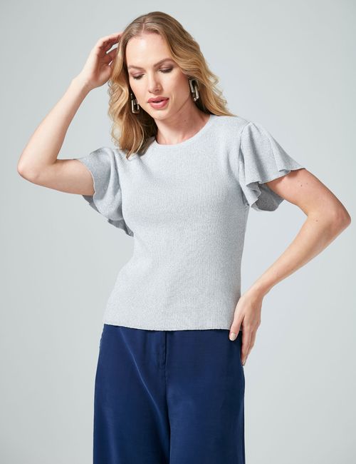 Blusa Lurex Manga Babado Prata
