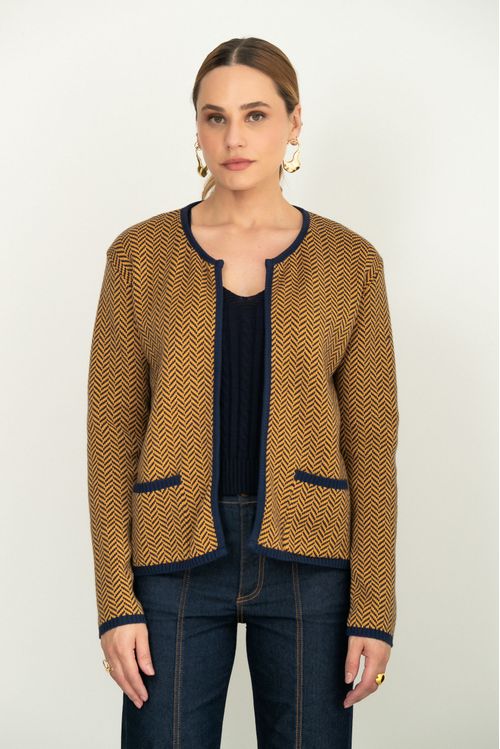 Cardigan Tricot Chevron Marinho
