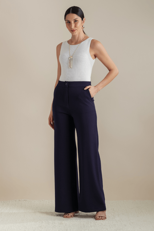Calça Pantalona Crepe Marinho